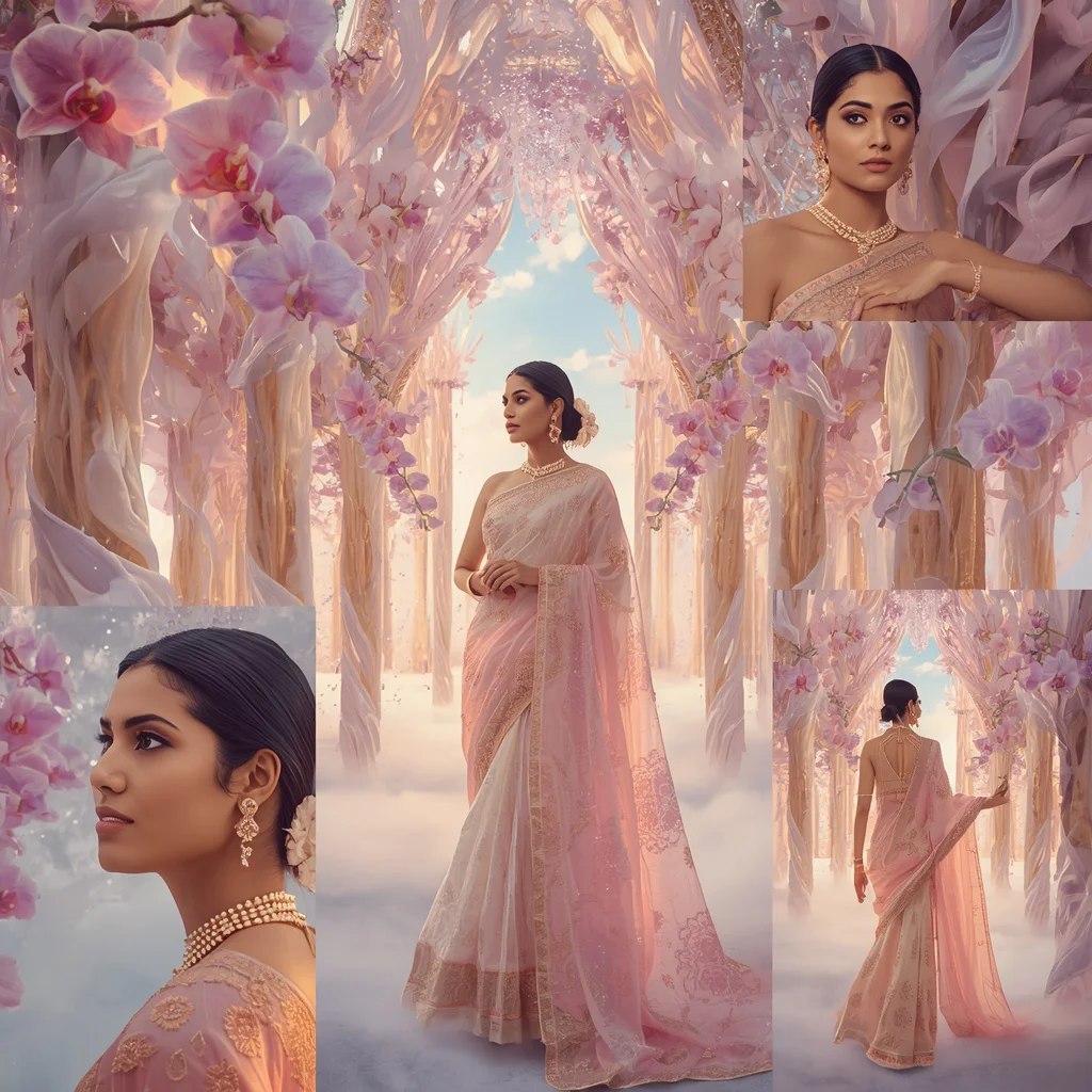 Festive Pastel Saree Luxury Crystal Orchid Silk Aurora Floating Temple Sky Concept Prompt | retro style prompt for gemini girl in saree instagram