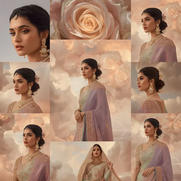 Festive Pastel Saree Luxury Golden Crystal Rose Silk Cloud Infinity Sky Empire Concept Prompt | prompt seen trending 2026 instagram