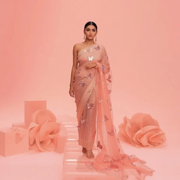 Full Body Lite Blush Clear Floating Stepping Stones Downward Walk | saree woman ai prompt