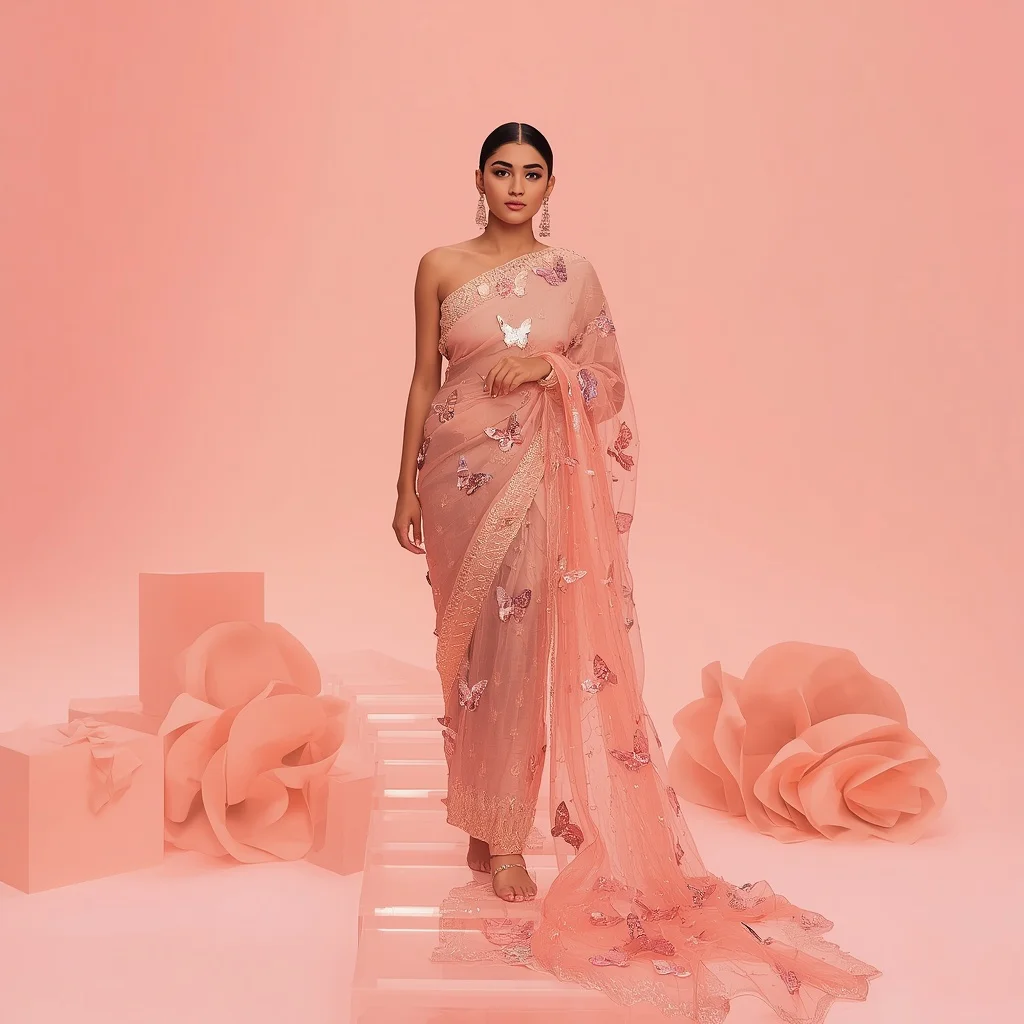 Full Body Lite Blush Clear Floating Stepping Stones Downward Walk | saree woman ai prompt