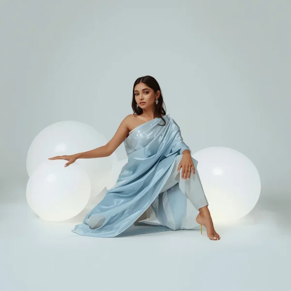 Full Body Pale Sky Blue Giant Luminous Pearls Floor Crouch Pose | new prompt