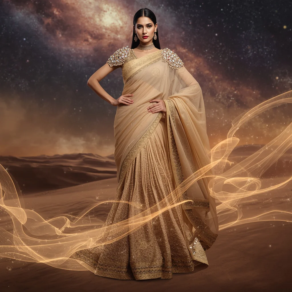 Giant Crystal Sand Galaxy Saree With Desert Stars And Cosmic Wind Festival Couture Design | trending prompt
