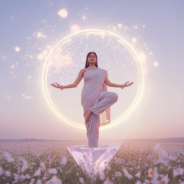 Heavy Designer Pastel Saree Celestial Glow Sky Sword Balance | prompt seen trending 2026