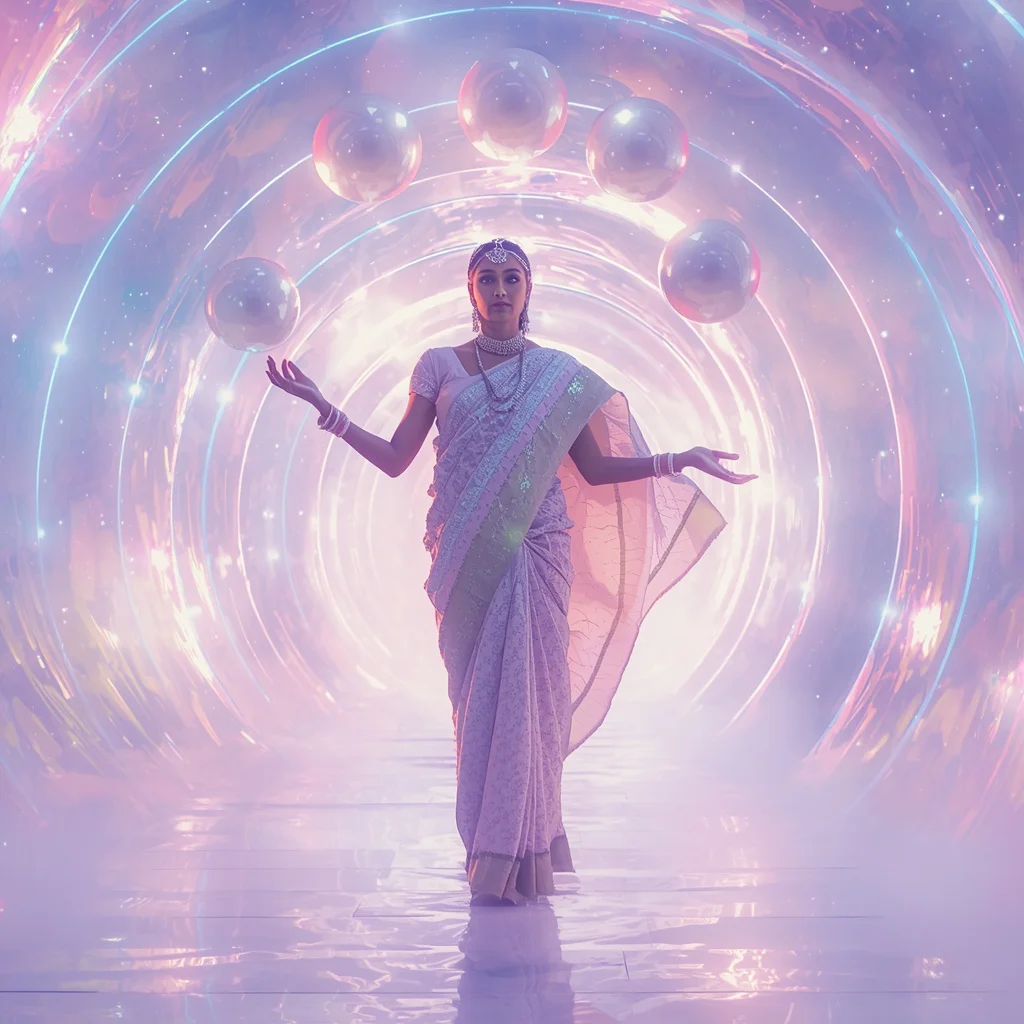 Heavy Designer Pastel Saree Magical Neon Flow Pearl Juggler | gemini prompt trending