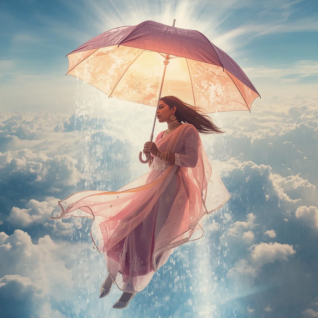 Heavy Designer Pastel Saree Mystic Crystal Rain Neon Umbrella | gemini prompt trending