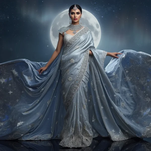 Luxury Floating Crystal Moon Palace Saree With Silver Galaxy Drapes And Royal Celestial Couture | picture prompt