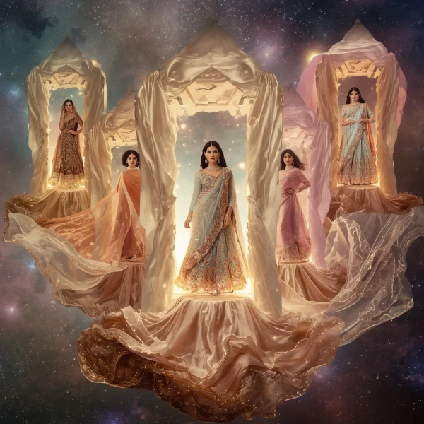 Luxury Floating Silk Aurora Crystal Infinity Portal Galaxy Fashion Universe Indian Festive Designer Dress Collage Image Prompt | new prompt chatgpt