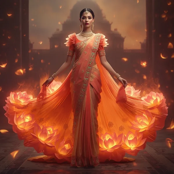 Royal Floating Crystal Lotus Fire Saree With Sacred Bloom Flames And Divine Festival Aura | image prompt ai